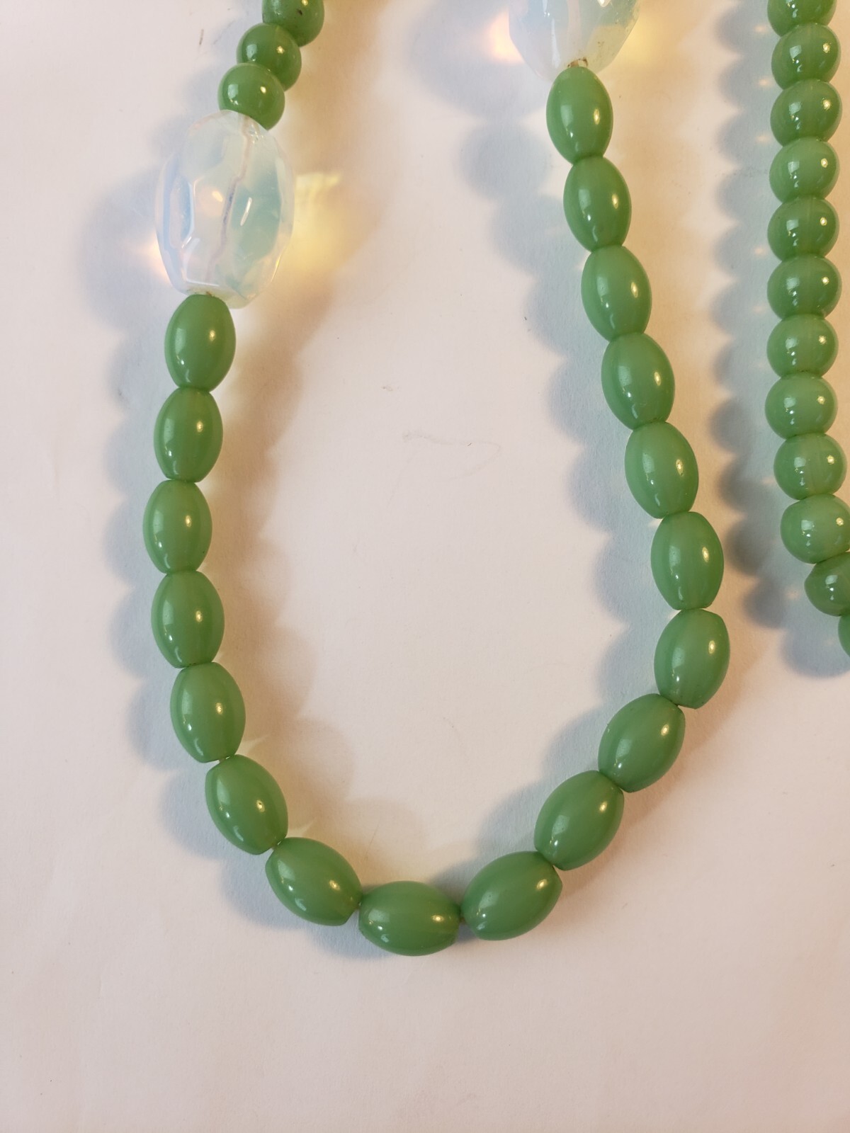 Vintage Opaline and Sage Green Glass Bead Necklace 29″