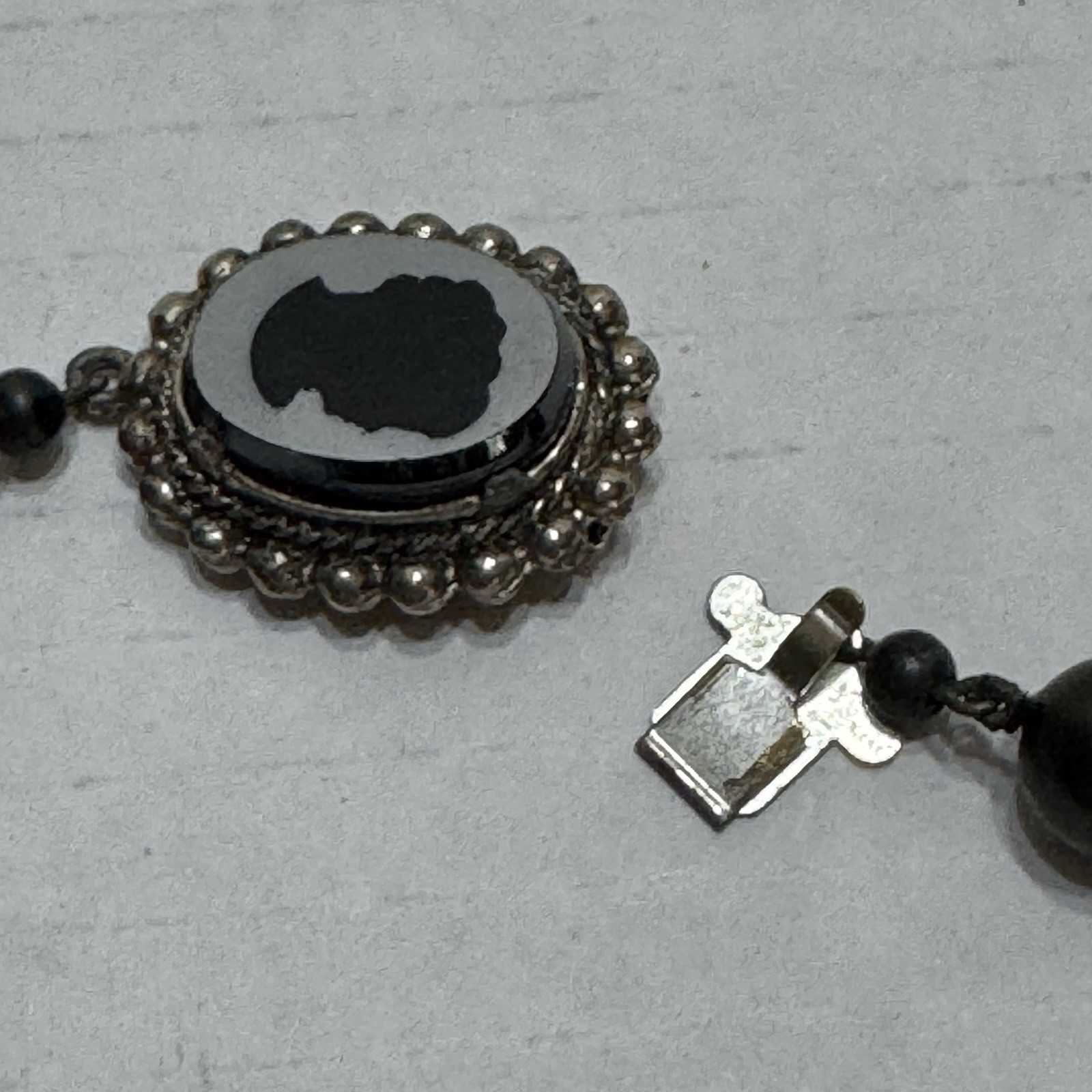 Vtg 23” Glass Faux Pearl Necklace Carved Cameo Clasp Charcoal Grey Black Grandma