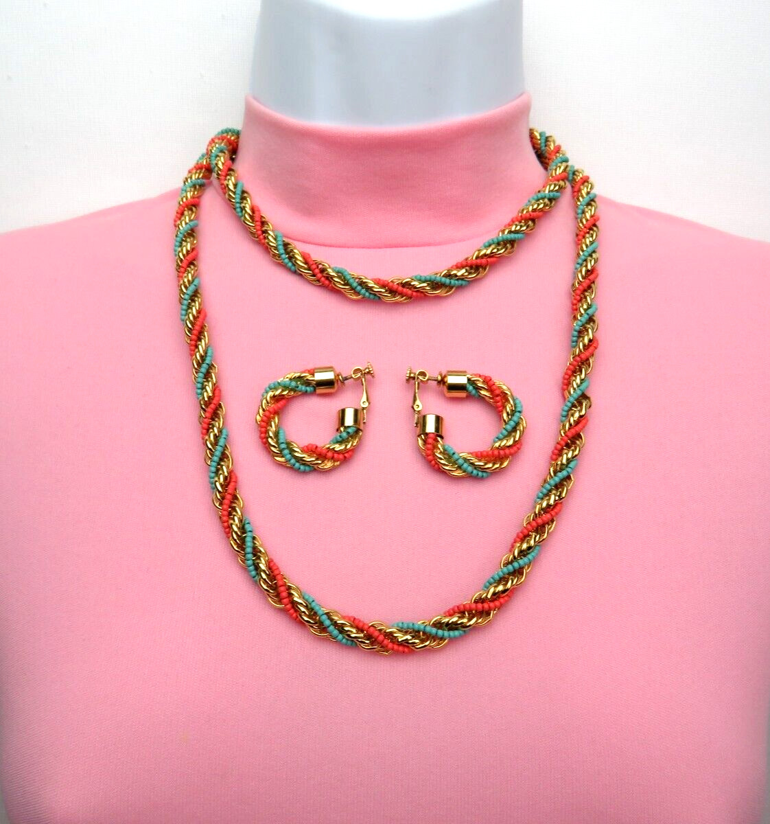 VTG 1950s 60s DOUBLE STRAND EGYPTIAN REVIVAL RUNWAY NECKLACE & EARRINGS GOLDEN