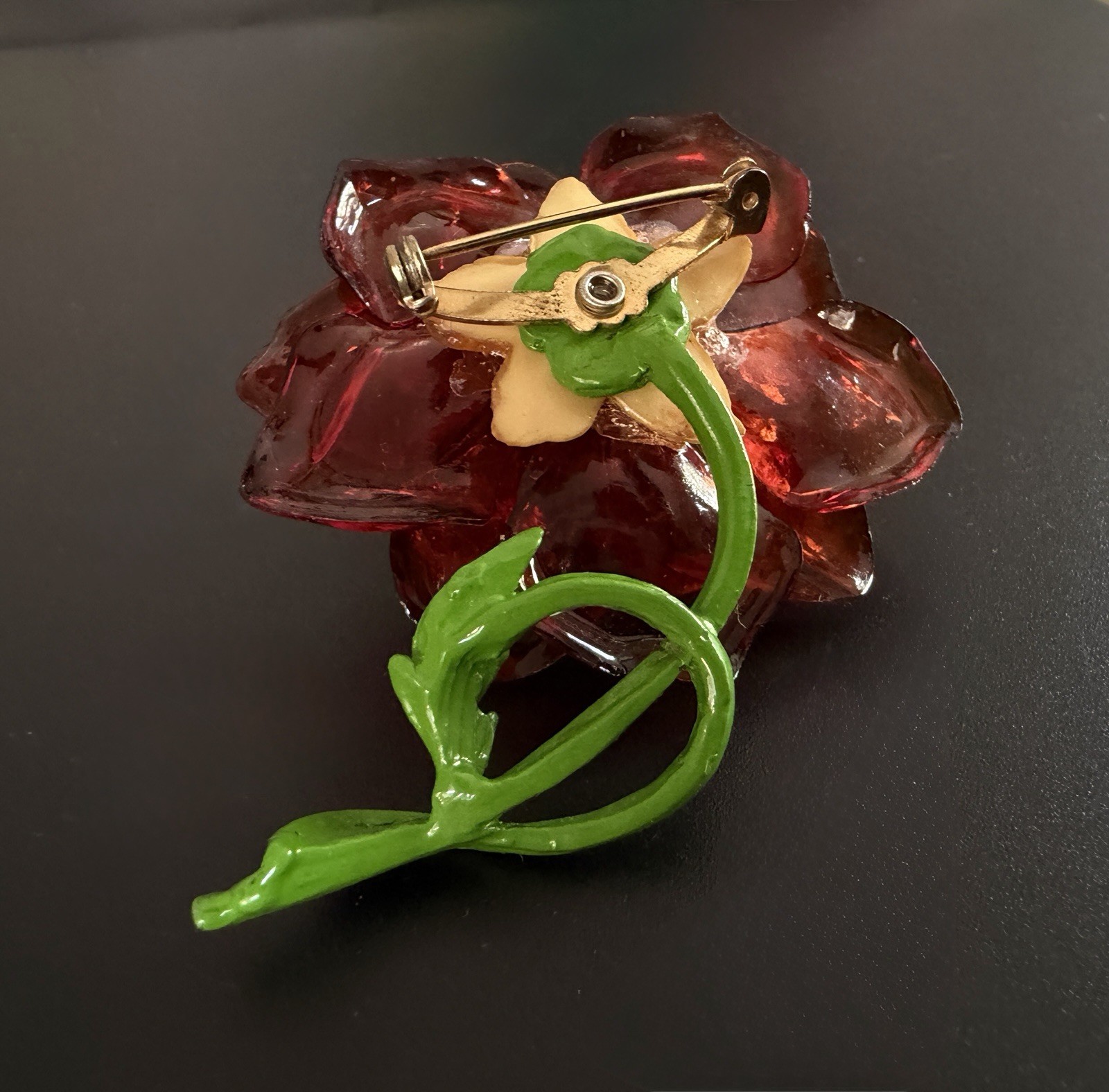 Vtg Coral Cellulose Acetate Rose Flower Brooch Enamel Green Stem 3D Translucent