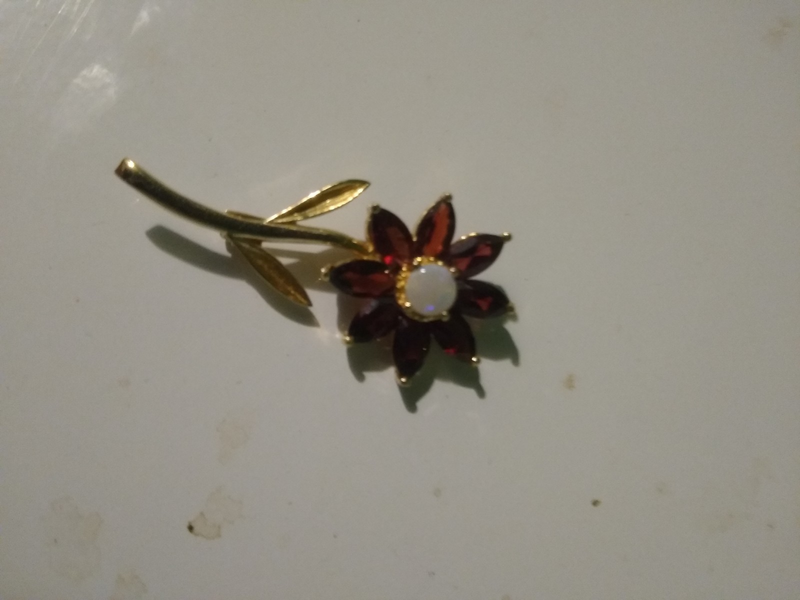 OPAL AND GARNET 14K YELLOW GOLD FLOWER PIN BROOCH