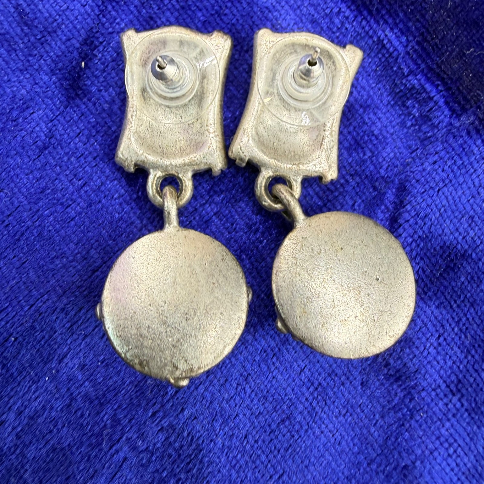 Vintage Bracelet Pierced Earrings Set Silver Tone Blue Glass 6.5”