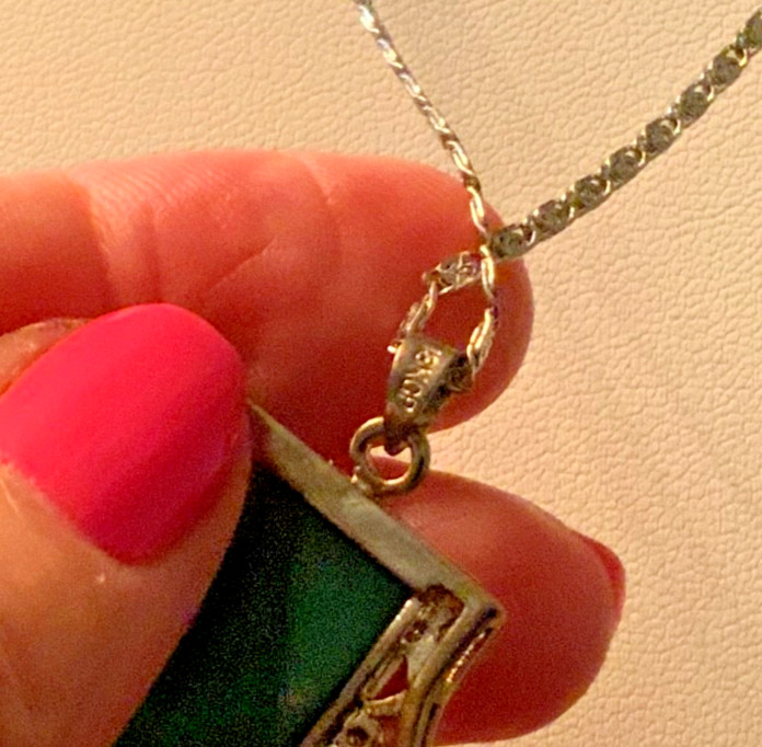 Vintage Art Deco Green Stone Silver Tone 18KT Gold Plate Pendant on 17” Chain
