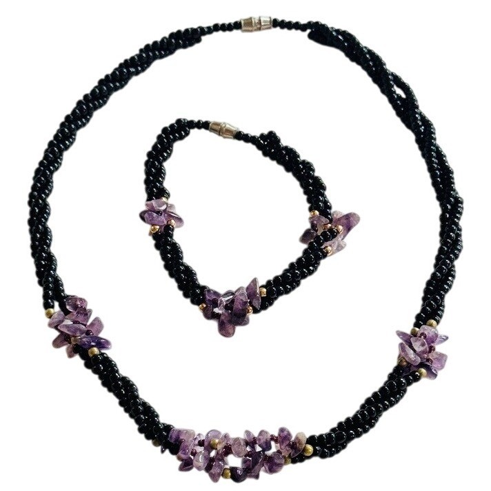 VTG onyx amethyst Beaded matching Set Necklace Bracelet Real Natural Beads rare