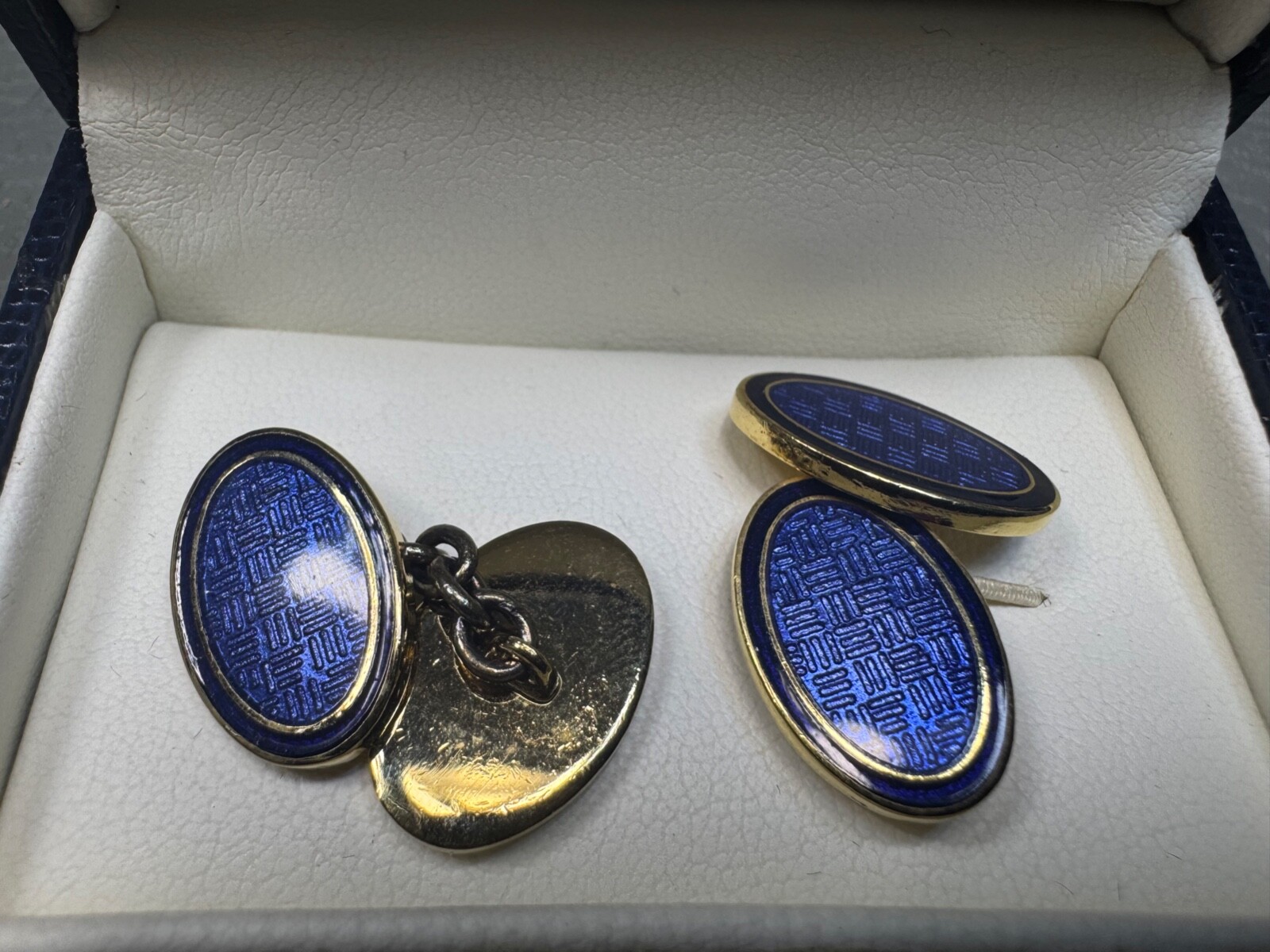 Blue Basketweave Enamel Yellow Gold Plated Cuff Links