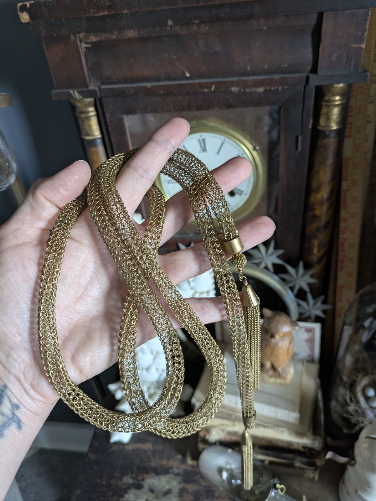 Vintage Brass Gold Tone Mesh Knitted Metal Wire Tassel Necklace Or Belt 55″