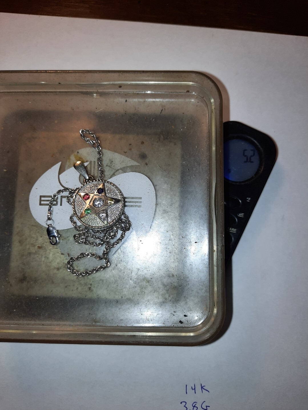 Vintage 14K white gold Masonic Eastern Star Pendant Charm & 20″ 10k rope chain