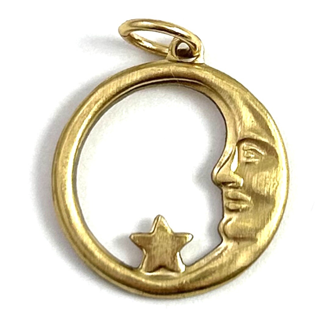 Vintage Charm Pendant Man In Crescent Moon Star Brass Metal Smaller Size
