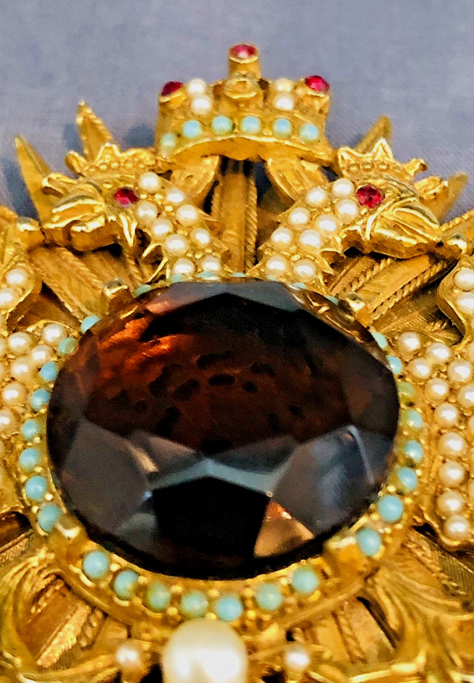 Vtg. Gold Tone Elaborate Double Headed Eagle Brooch Russian Themed