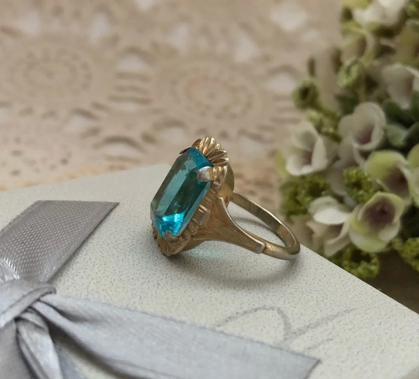 Original Vintage Estate Ring Soviet Sterling Silver 875 Aquamarine Size 8.5 USSR