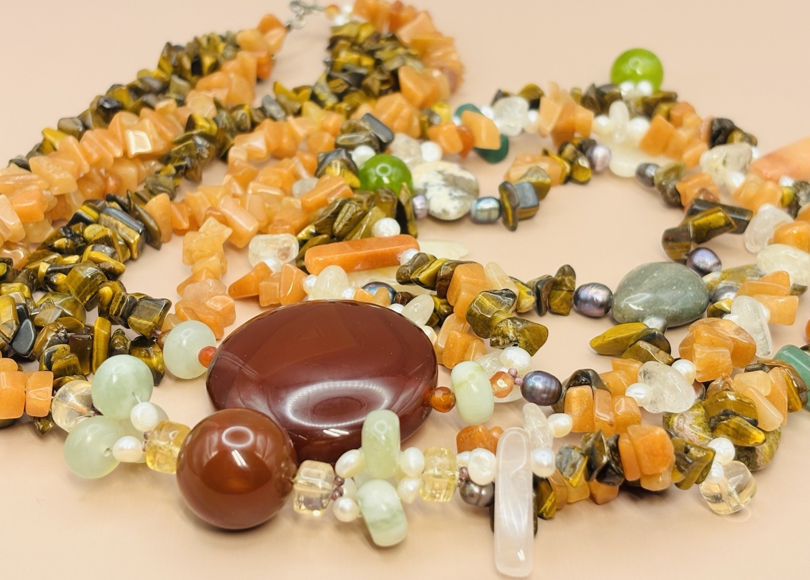 Vintage Natural Gemstone Multi Strand Boho Tigers Eye Carnelian Pearl 28”