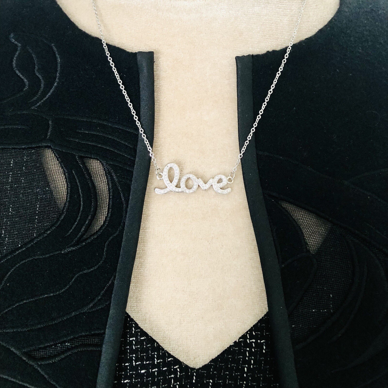 Dainty Rhinestone Love Cursive Word Pendant Necklace Silver Tone Adjustable 21”