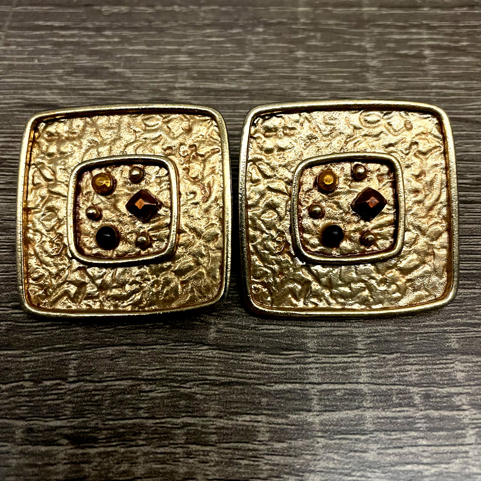 Vintage Etruscan Byzantine Textured Gold Tone & Crystal Clip On Earrings