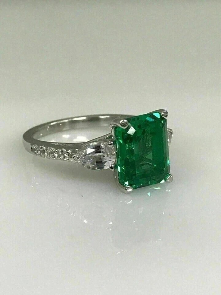 3.25Ct Art Deco Princess Lab Created Green Emerald Engagement 925 Silver Ring