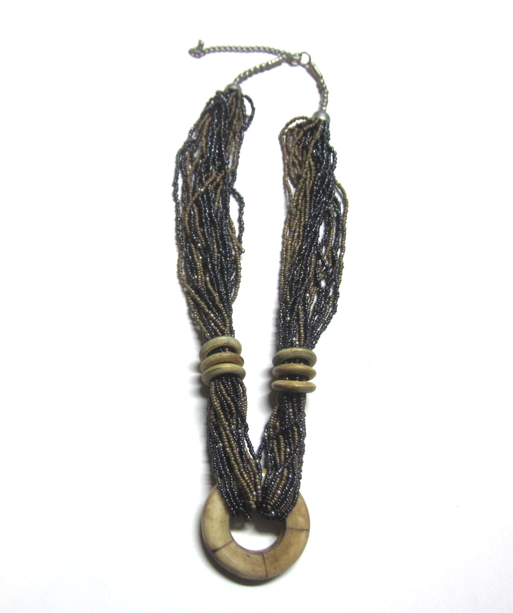 Vintage 80’s Multi Strand Matte and Brown Gold Tone Wood Horn Necklace 12 in