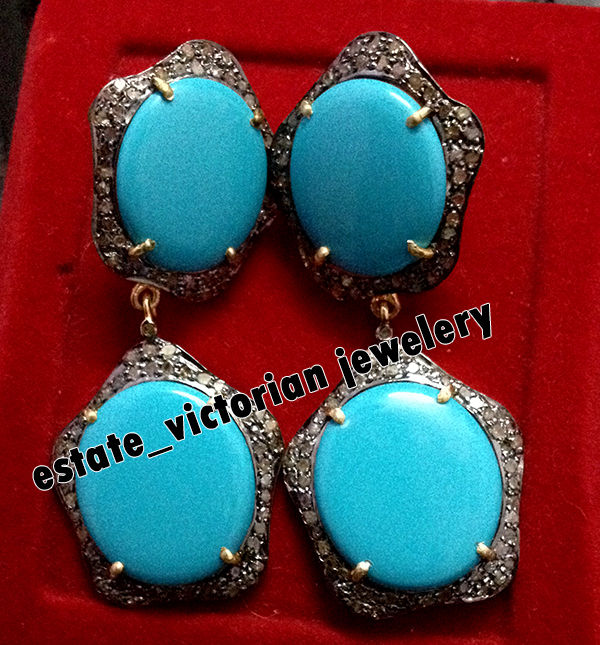 3.40ct Rose Cut Diamond Turquoise Studded Silver Vintage Amazing Earring Jewelry