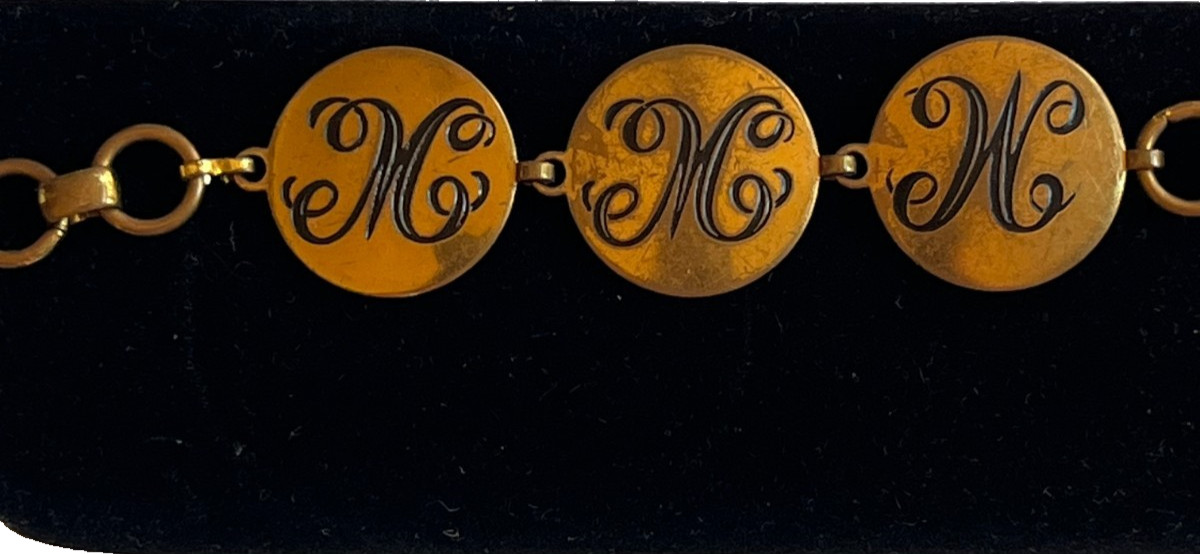 Vintage Brass Bronze Tone Initial Monogram Charm Link Bracelet 1950s MMW
