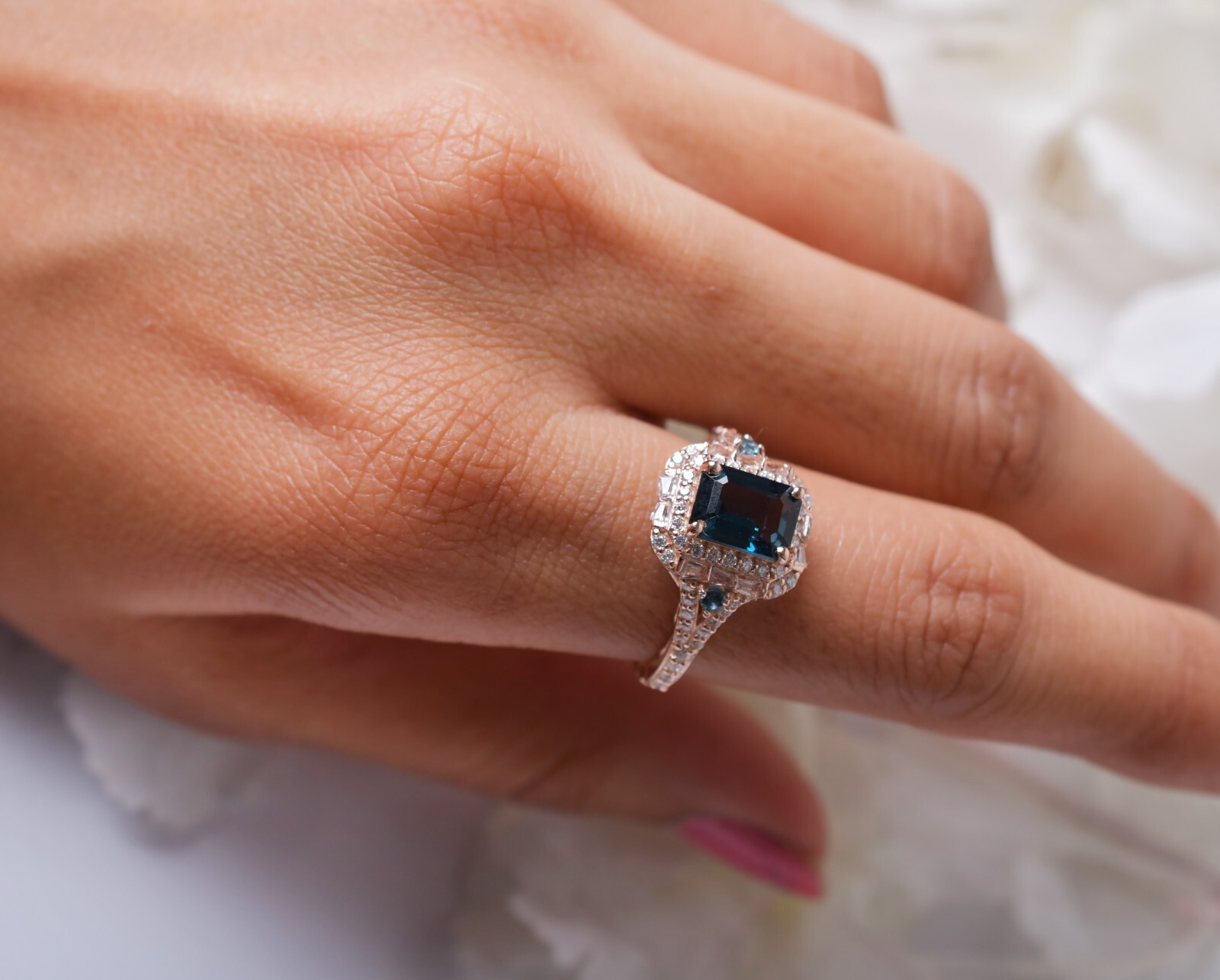 London Blue Topaz Engagement Ring Hidden Diamond Wedding Ring Anniversary Gifts