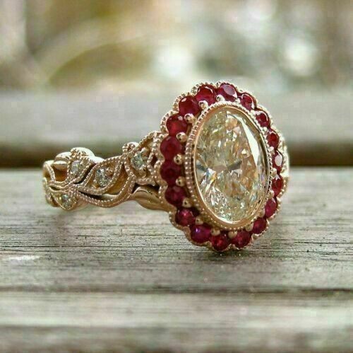 Art Deco Oval Cut Lab Created Diamond & Ruby Halo Wedding Bridal 925 Silver Ring