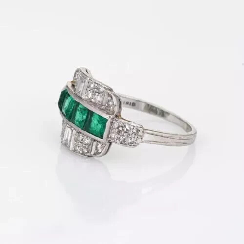 Art Deco Style Green Emerald Lab-Created Diamond Wedding 14K White Gold FN Ring