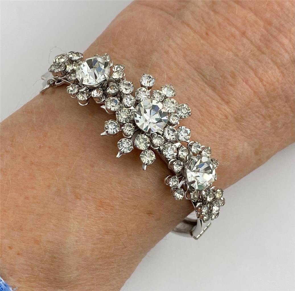 Vintage 1950’s Hinged Cuff Silver Tone Clear Rhinestones Floral Bracelet medium