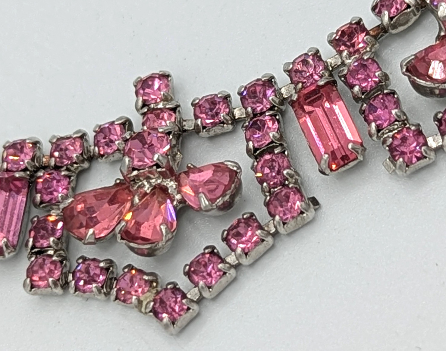 Vintage Pink Rhinestone Necklace Crystal Choker Bib Mid Century Glam 15″