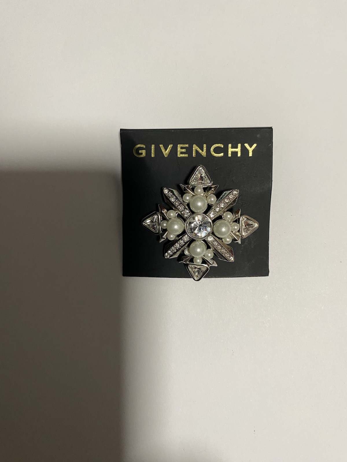 Vintage Givenchy Faux Pearls And Crystals Brooch, Silver Tone, Missing A Pearl