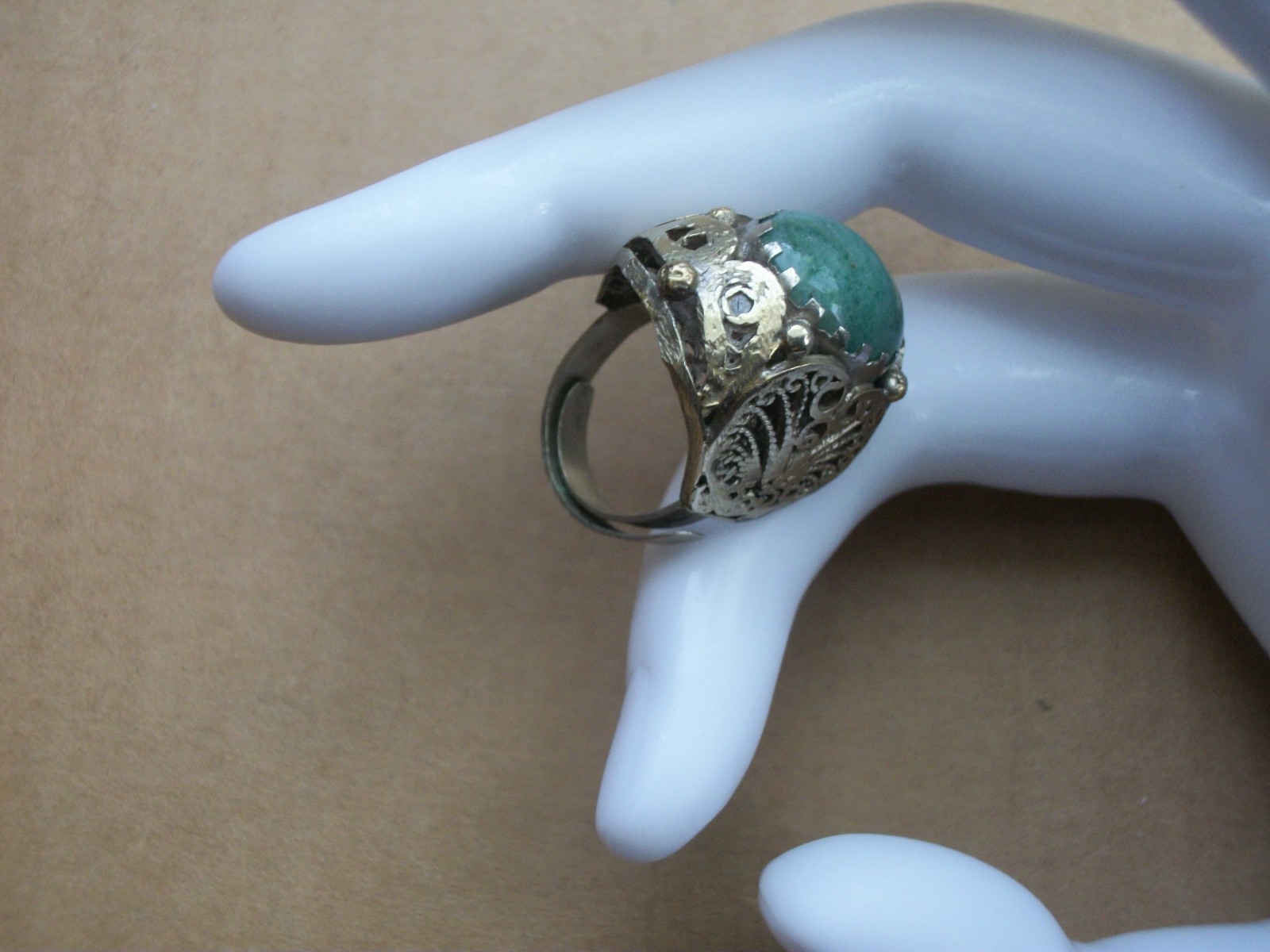 Vintage Gold-tone Green Cabochon Filigree Dome Ring Statement Piece