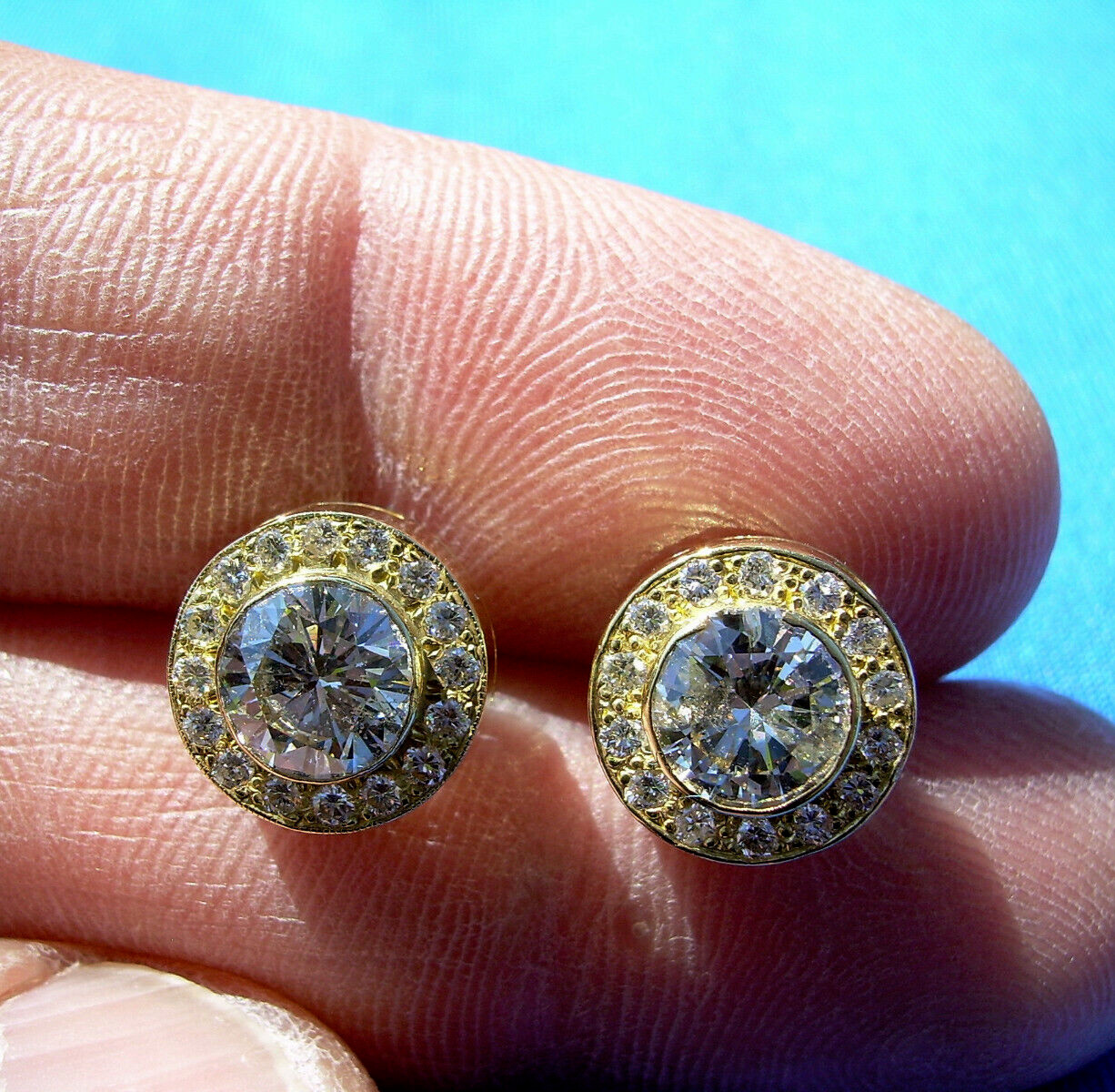 Original EARTH MINED DIAMOND Deco Bezel set Halo Studs Earrings SOLID 18K GOLD