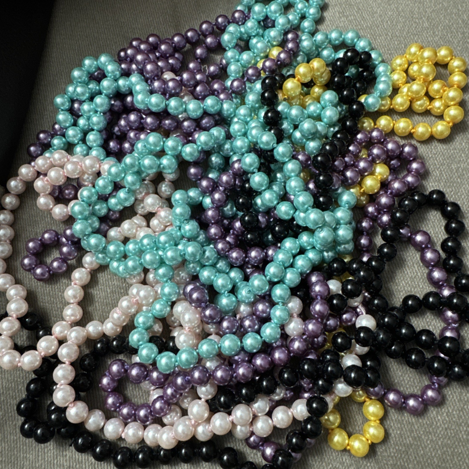 Long Purple Yellow Beige Turquoise Black Faux Pearl Necklace Length 25”