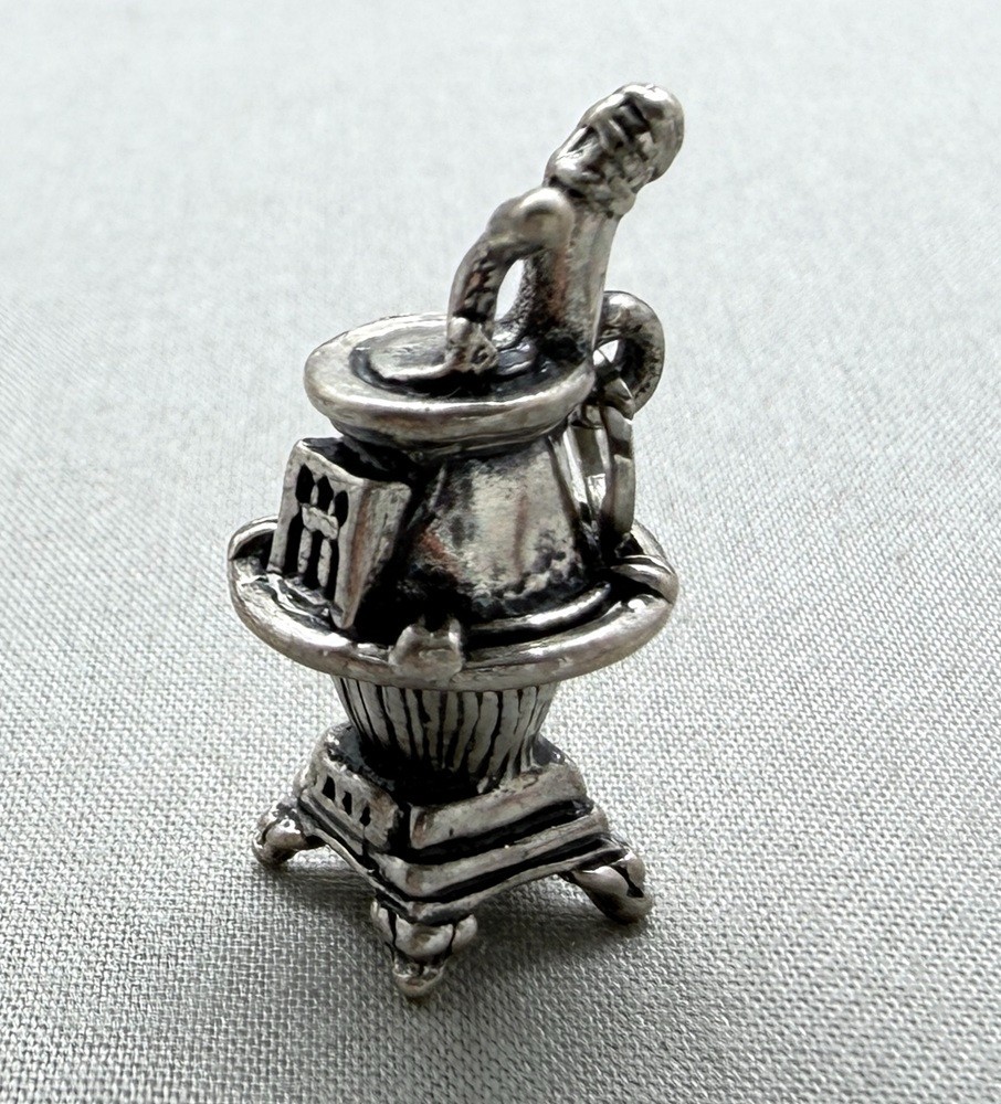 Vintage Beau Sterling Silver Potbelly Stove Charm Cast Iron 3D