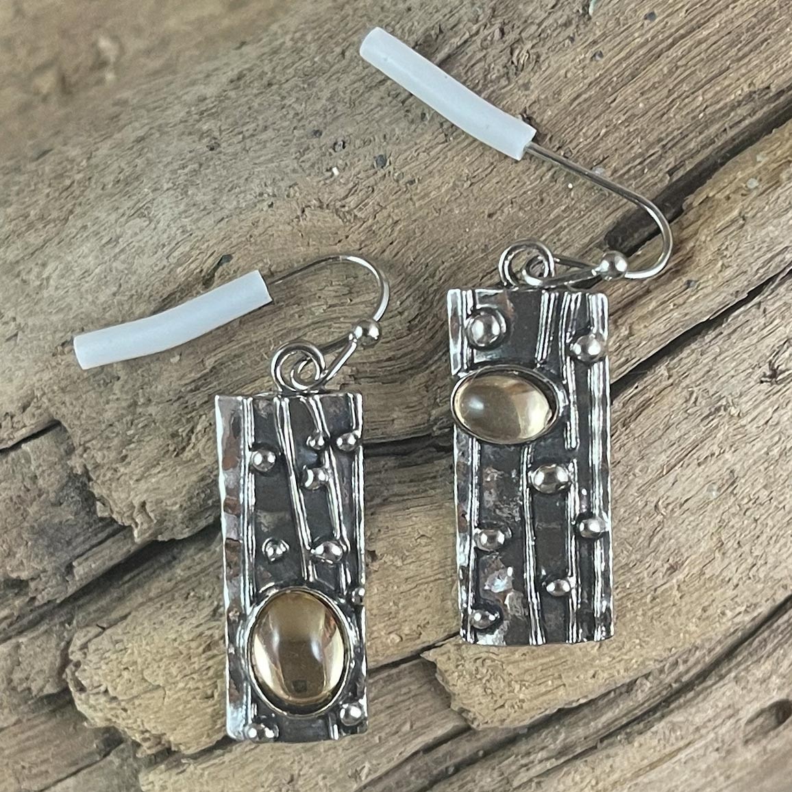 Vintage Goldtone Stone Rectangular Hook Earrings 1.75”