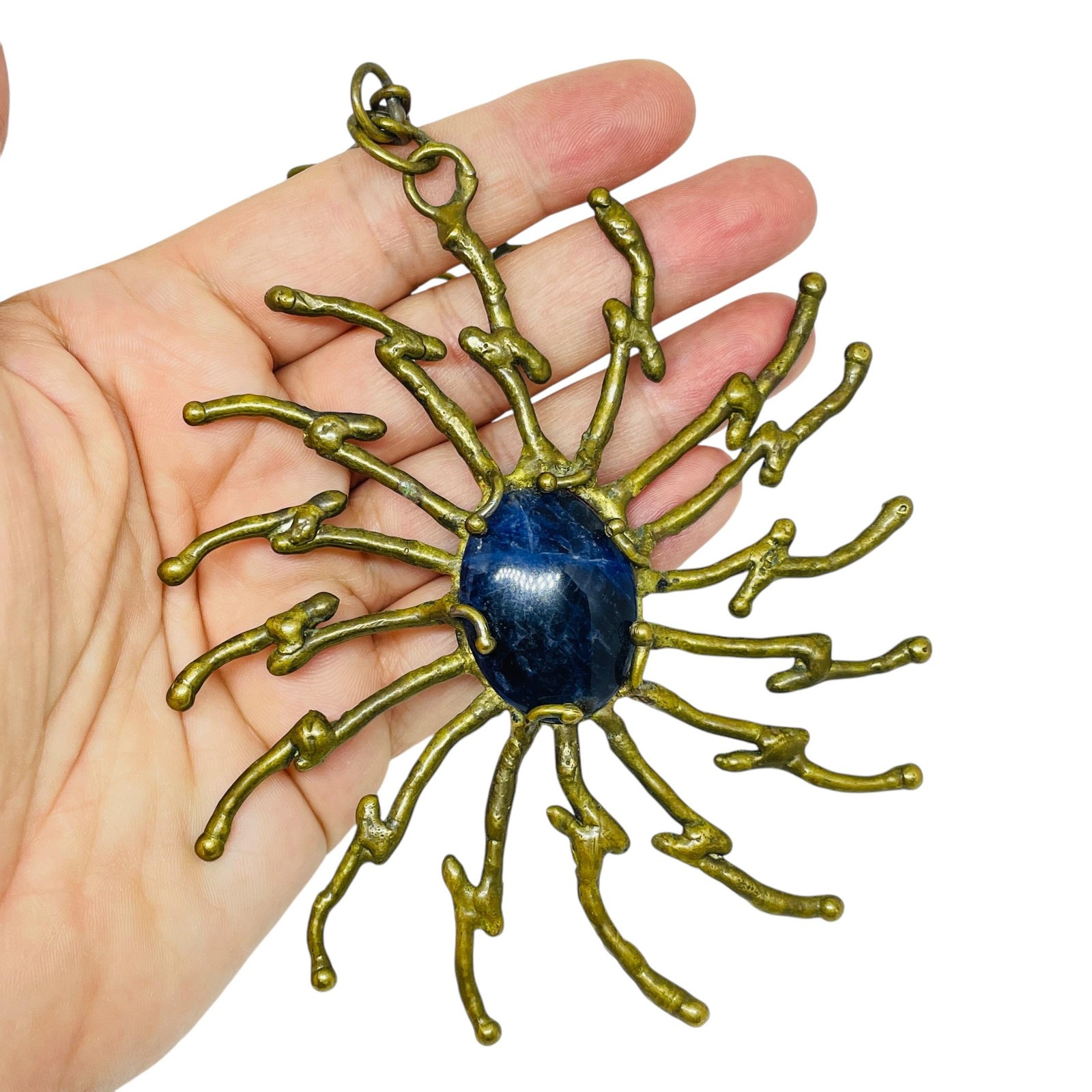 Vintage brass blue stone artisan abstract modernist designer pendant necklace
