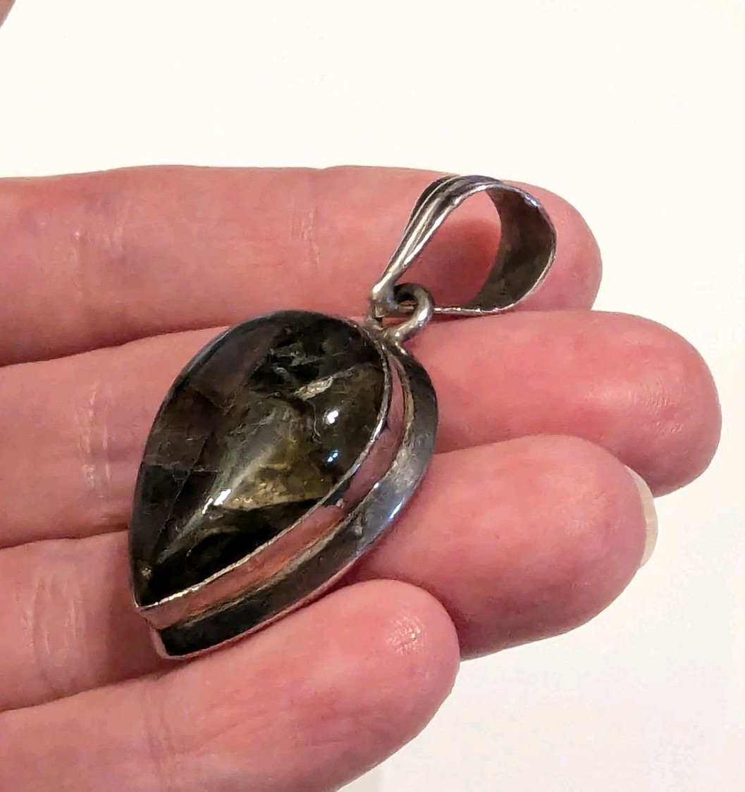 Vintage 925 Silver Abalone Shell Pendant Mother Pearl Statement Boho READ
