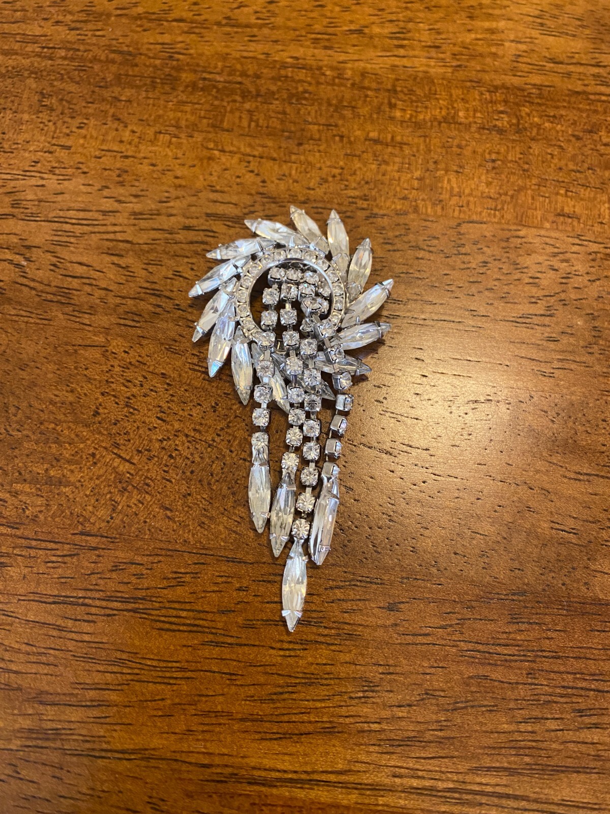 Rhinestone Wreath Brooch With Fringe Dangle Clear Navettes Unsigned