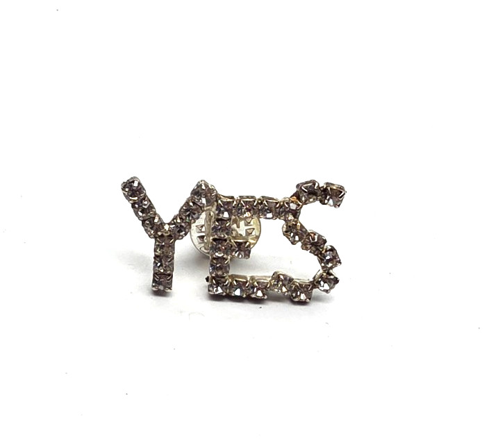 Clear Prong Set Rhinestone Silver Tone Metal YES Lapel Pin Brooch Vintage