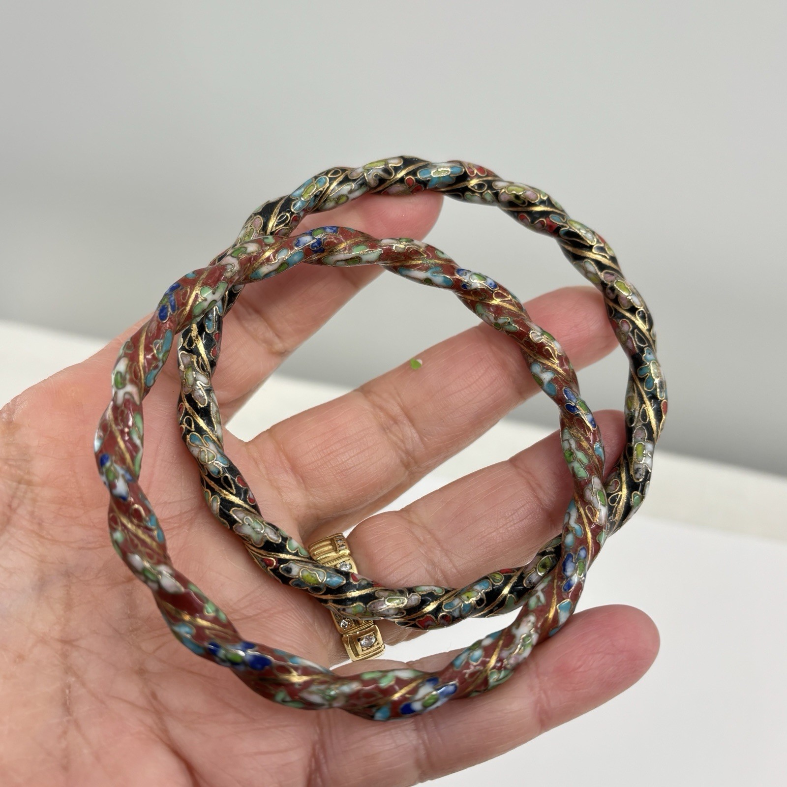 Vintage Chinese Cloisonne Bracelets Bangles Twisted Enamel Heavy