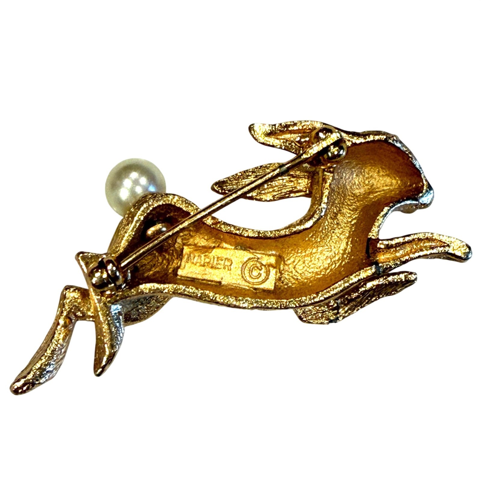 Vintage Napier Hare Rabbit Brooch Pin Leaping Running Goldtone Faux Pearl Tail