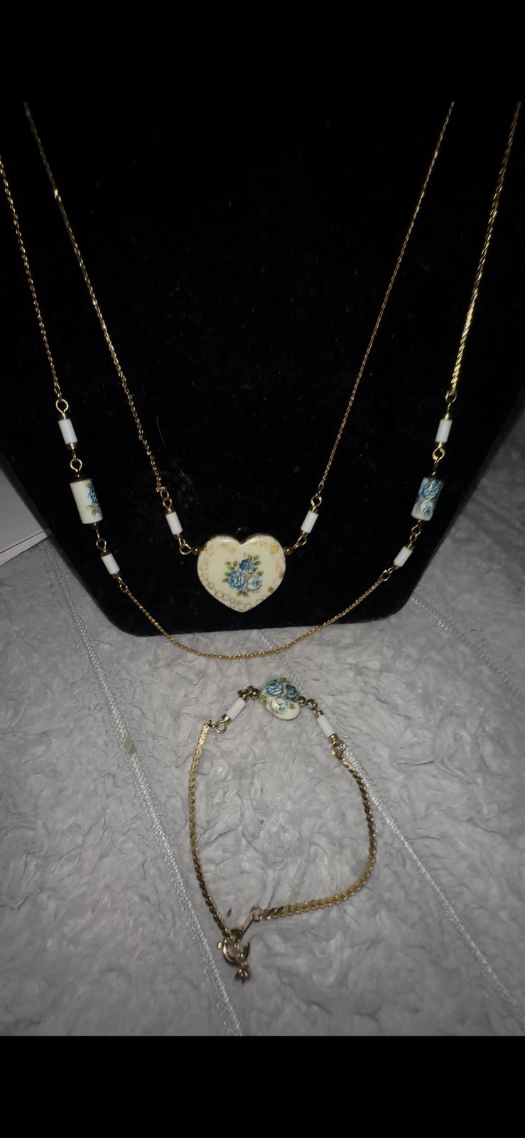 Vintage Japanese Tensha Blue Rose Porcelain Heart Necklace With Match Bracelet