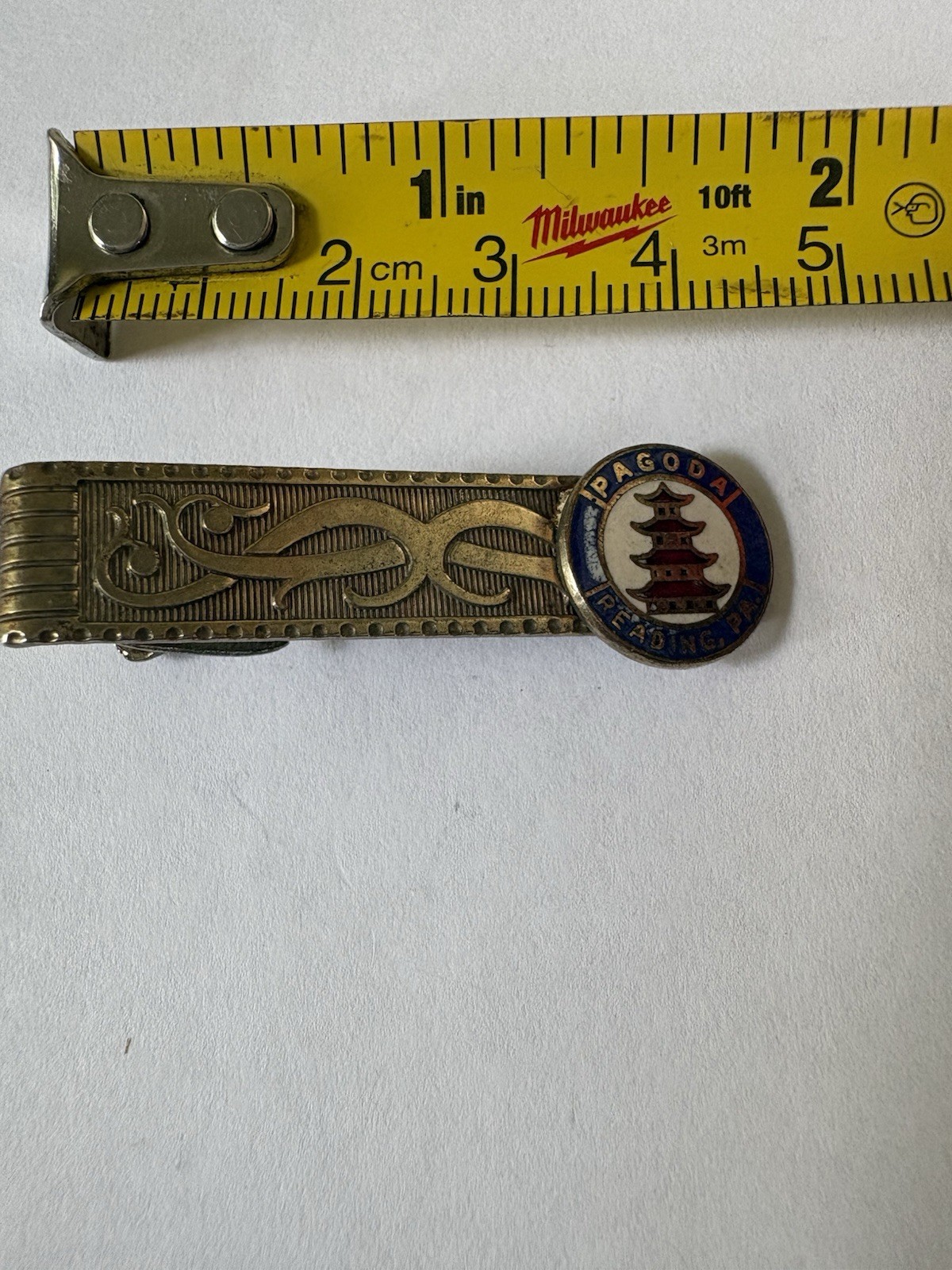 Vintage Pagoda Reading PA Enamel Tie Bar/Clip Silver Blue Round Signed 2.25in