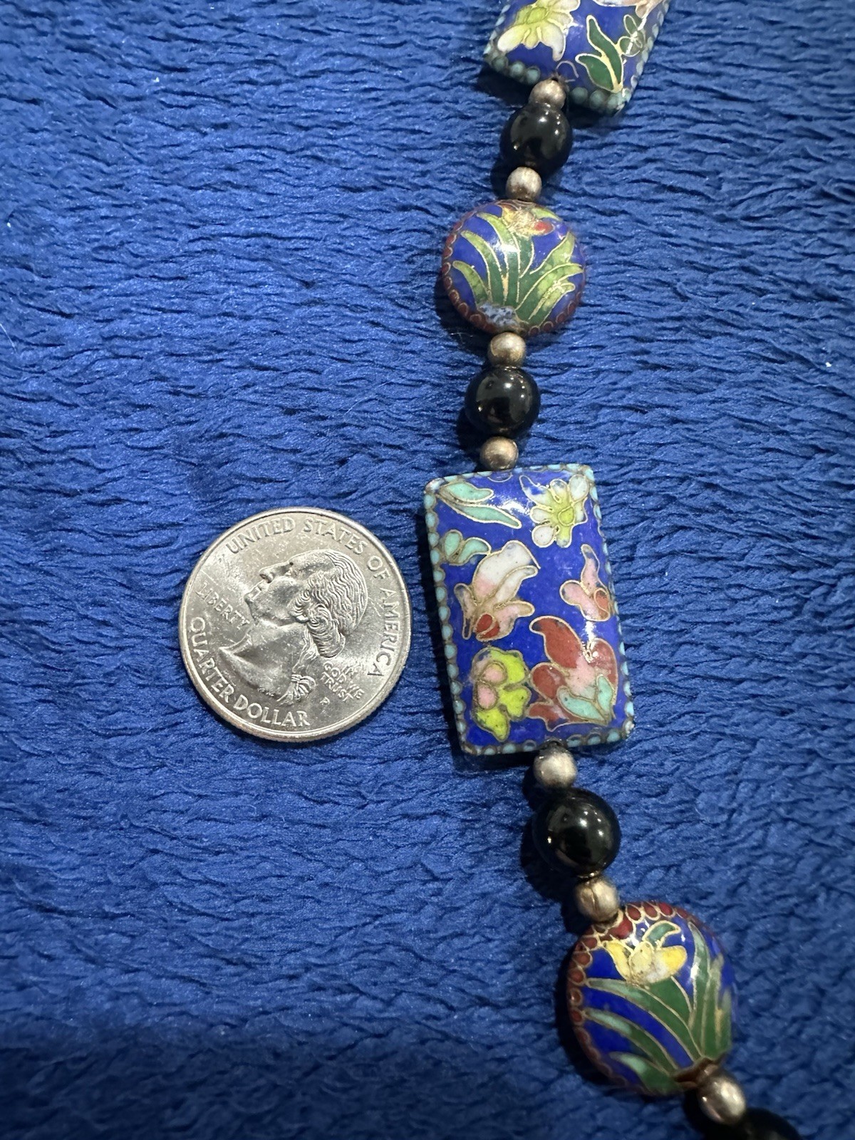 Vtg Chinese Floral Cloisonné Black Onyx Gilt Silver Clasp Necklace, 25in Long