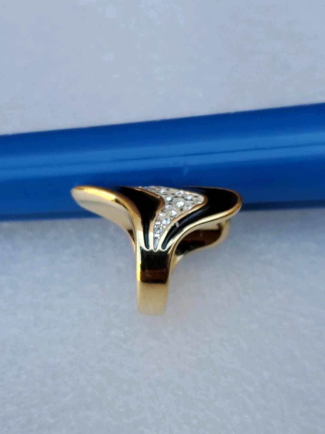 Vintage 18K Yellow Gold Plated Black Enamel And Rhinestones Ring Size 8