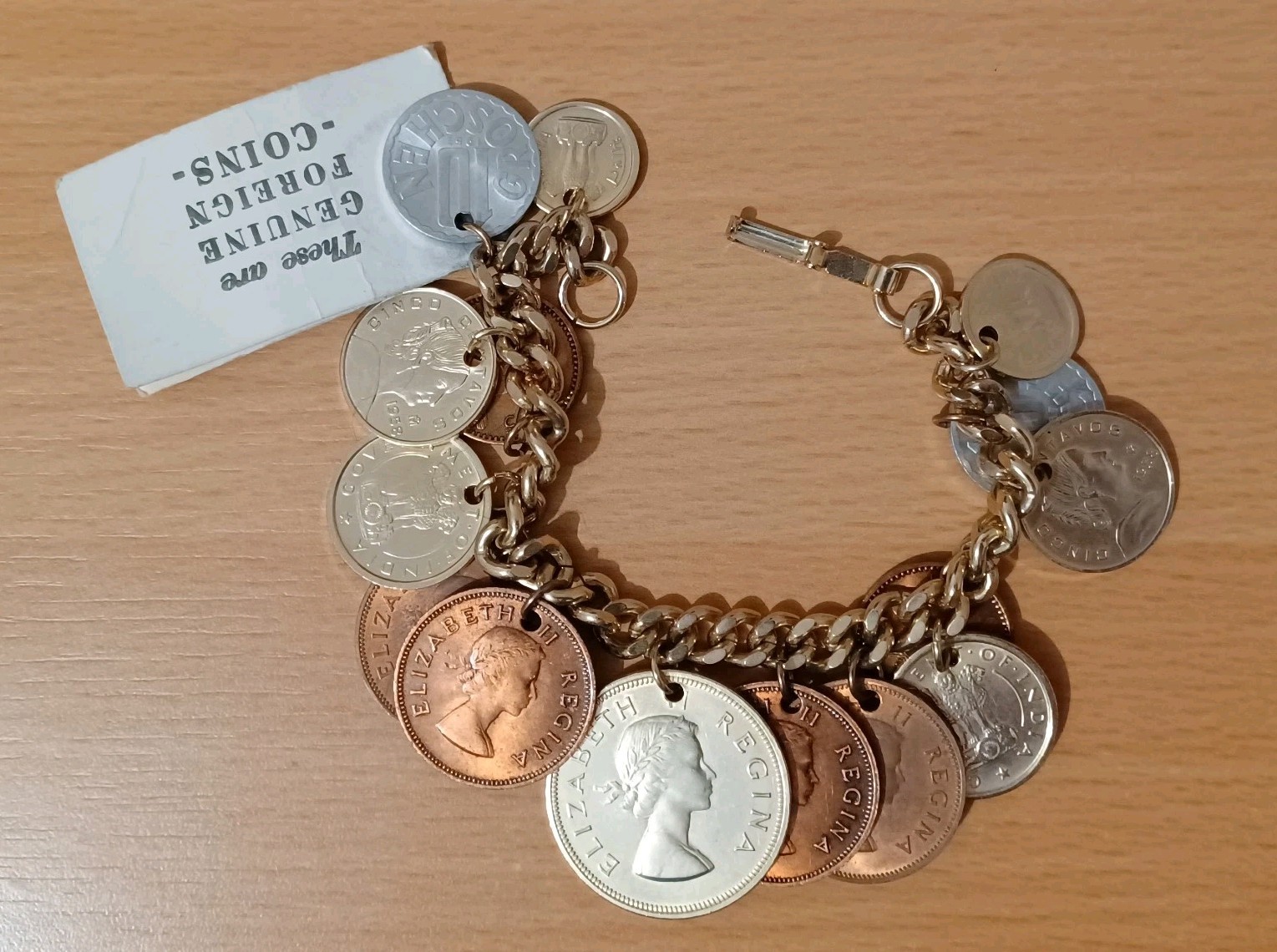 Vintage 14 Coin Bracelet Coins From Around The World 7”