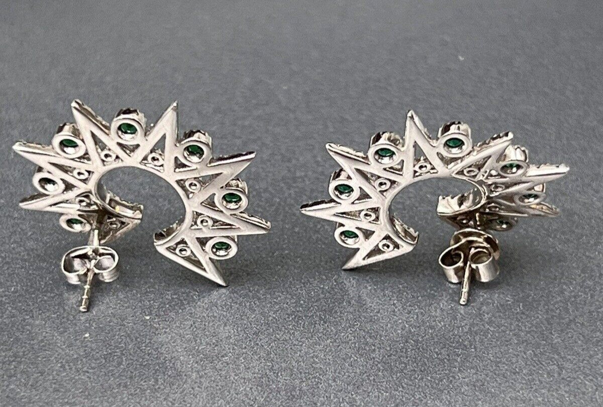 Vtg Sterling Star Point Statement Earrings, Emerald Green & Clear CZ Settings