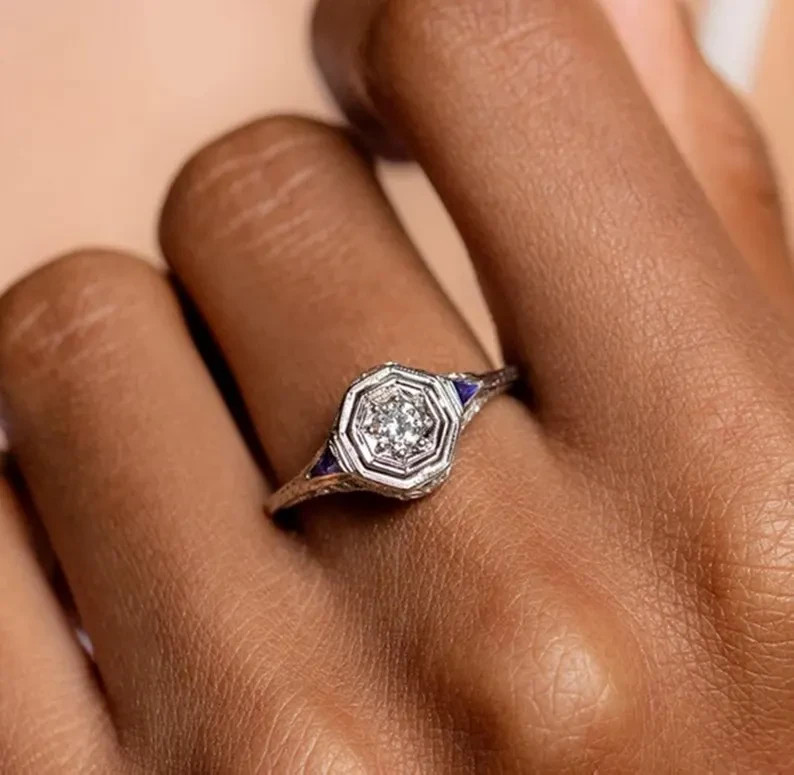 Art Deco Style Lab Created Diamond & Sapphire Engagement 14K White Gold FN Ring