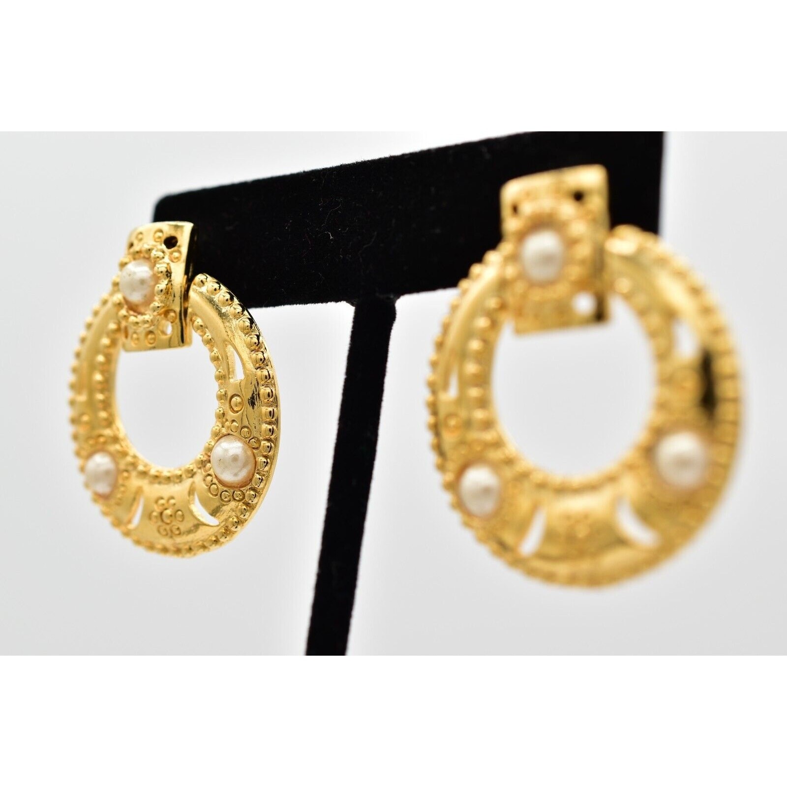 Vintage Dangle Earrings Gold Floral Pearl Door Knocker USA Made NOS 1980s 9M
