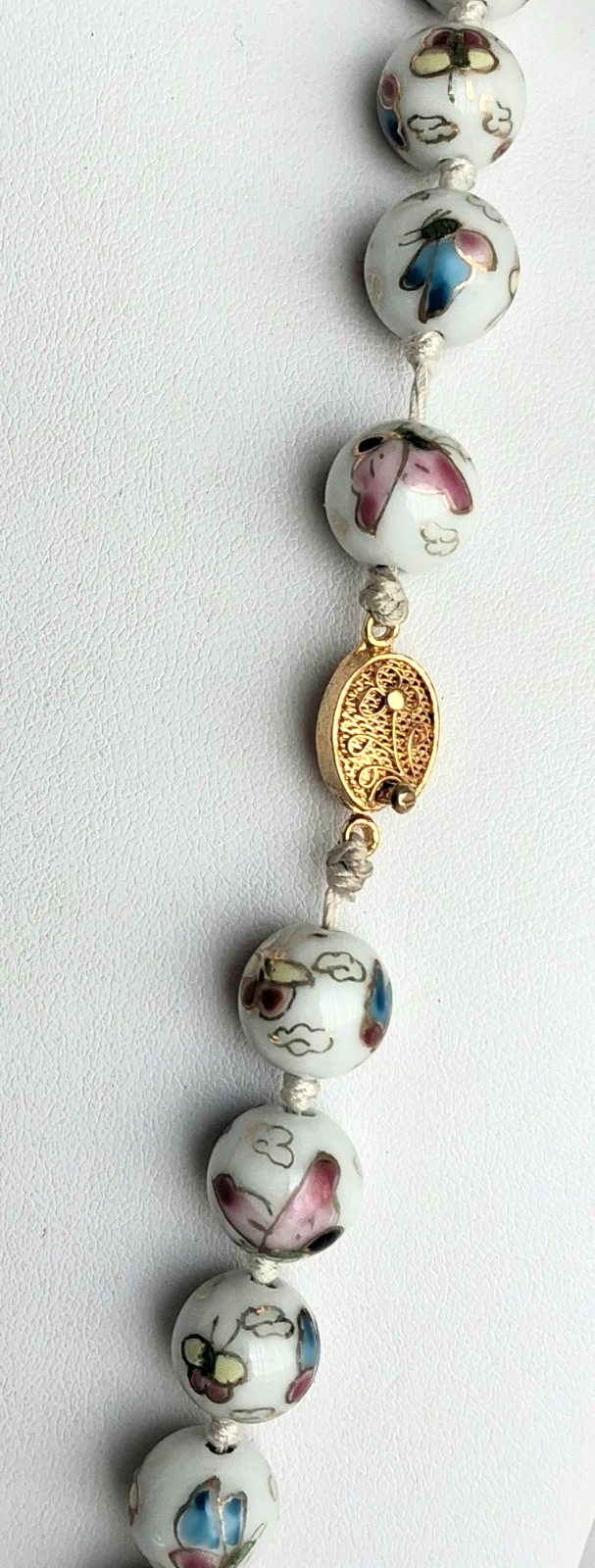 Vtg Cloisonne enamel Knotted butterfly design Gold Beads Wedding Necklace 24 in