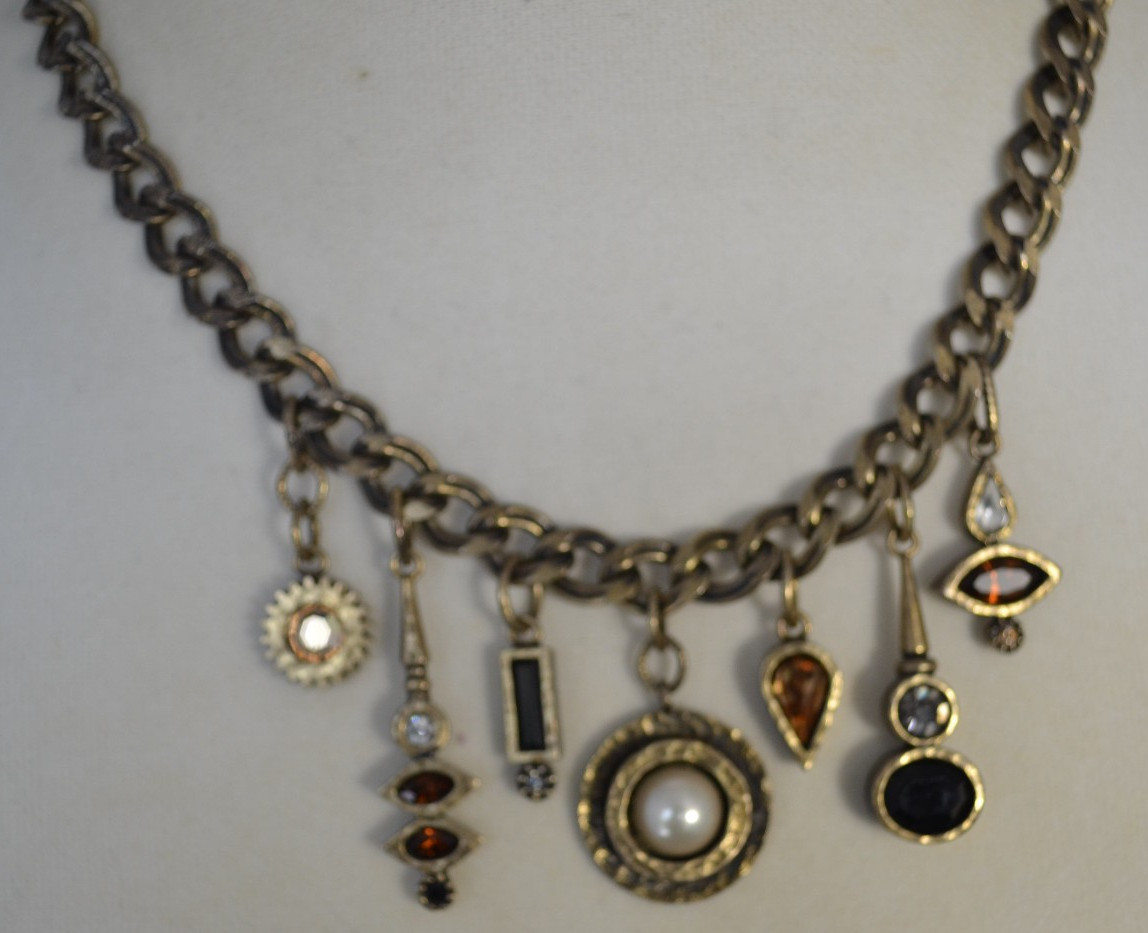 vintage Patricia Locke charm necklace statement Swarovski gold tone 18″ 7 charms