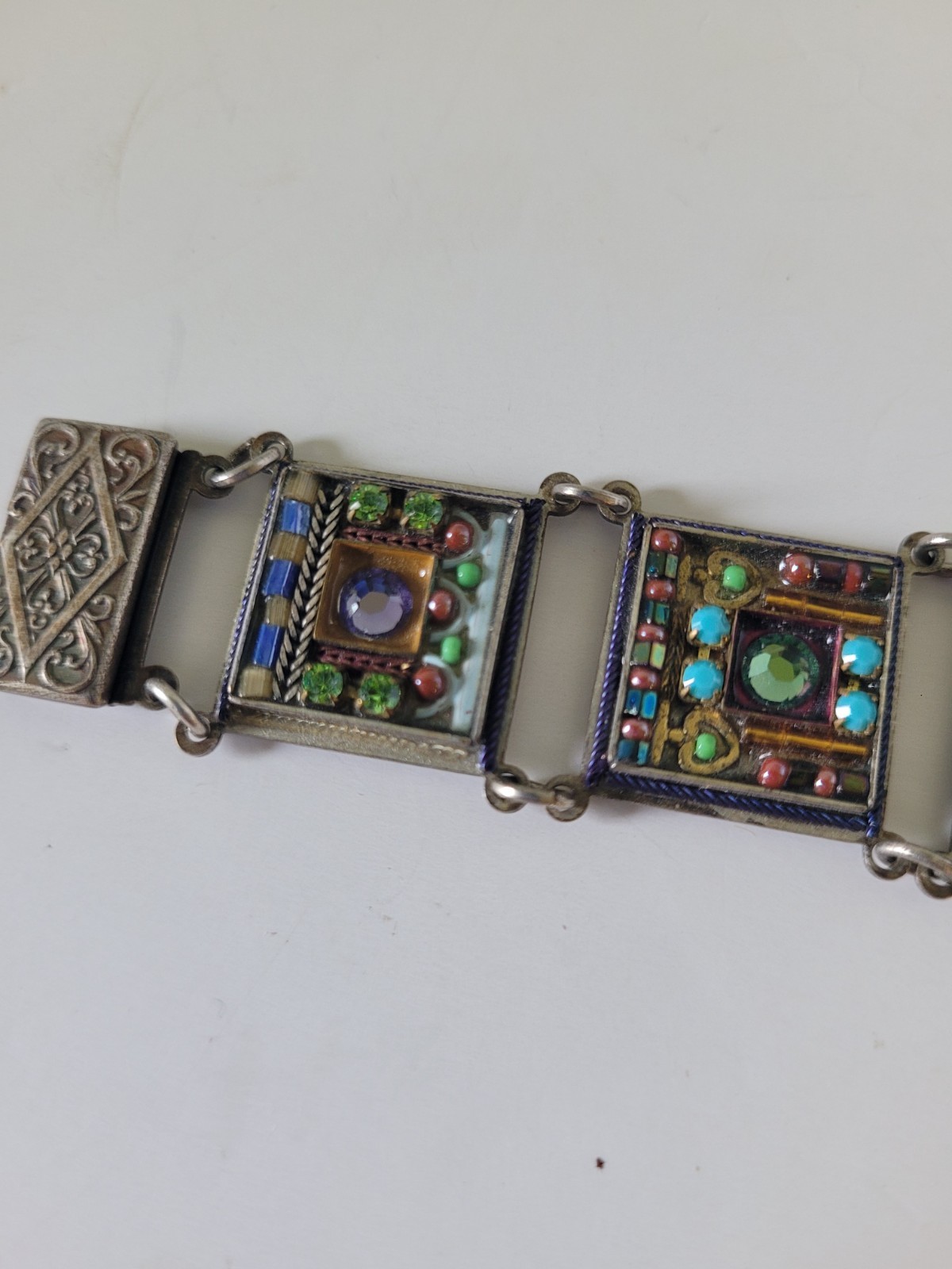 Adaya Colorful Enamel Crystal Panel Bar Link Bracelet 7.5” Israel