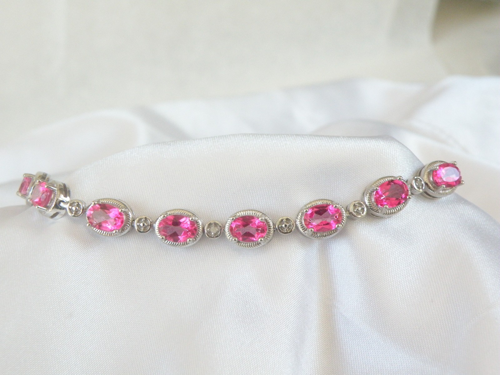 Sterling Silver 925 Natural Pink Topaz Diamond Tennis Bracelet 7.5″
